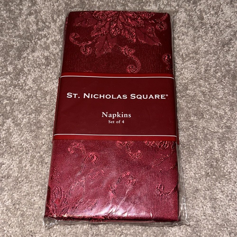 St. Nicholas Square Napkins Set of Four in Poinsettia Scroll Red!